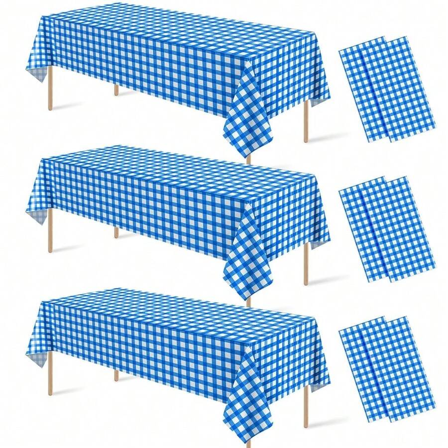 6Pcs Blue And White Gingham Tablecloth Decorations, Disposable Plastic Blue Checkered Tablecloth Buffalo Plaid Table Cover For Ba By Shower Bridal Wedding Birthday Party Supplies,54 X 108 Inch,Blue - 藍色 - 查看 1