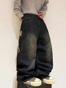 1pc Justice Brother Casual Personalized Multi-Color Embroidered Niche Design Men's Black Denim Jeans, Fashionable Wide-Leg Pants, Comfortable Loose Trousers (Belt And Accessories Not Included) - 黑色 - 查看 7