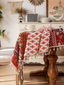 1 pièce Nappe rectangulaire bohème, motif géométrique de losanges rouges, décoration de franges beiges, lavable, nappe de table à manger, décoration de dessus de table, décoration de fête, nappe de fête, convient pour les rassemblements, les dîners, les fêtes, toutes les saisons - Rouge - Voir 12
