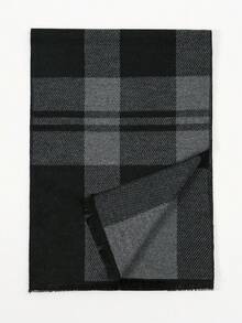 1条经典条纹格纹印花保暖加厚围巾，男女通用时尚休闲情侣围脖，适合日常佩戴，秋冬季节适用 - 黑色 - 查看 4