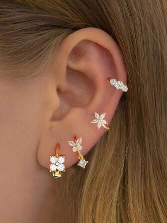 1 pieza Pendientes de aro pequeños minimalistas de plata de ley 925 con circonita cúbica, anillos con forma de mariposa/trébol/flor dorados, adecuados para festivales, citas, uso diario, joyería de lujo para mujeres