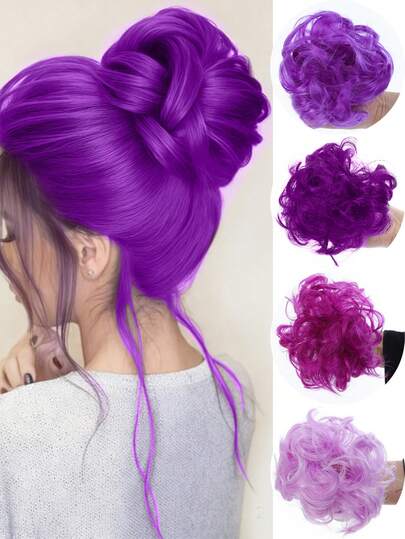 紫色凌乱发髻接发假发，合成卷发发髻假发，带弹性头带，适合女性日常佩戴和参加派对。