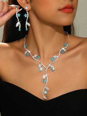 Vine Tassel Decor Blue Green Gemstone Jewelry Set: Long Pendant Necklace + Earrings, Suitable For Deep V Dress, Romantic Atmosphere, Valentine's Day Gift