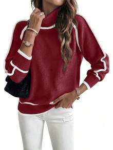 2025 Autumn Winter Knitted Sweater Women Pullover Long Sleeve High Neck Top Solid Color Loose Casual Sweater - 紅色 - 查看 1