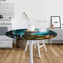 Halloween Turquoise Round Tablecloth With Elastic Halloween Decor Round Fitted Table Cover Wipeable Circle Outdoor Table Cloths For Kitchen Pattry Patio Dining Holiday Decorate Fit For 40\-44\ Tables,42inch(Round),B:AHalloweenTurquoise - B:aHalloweenTurquoise - View 8