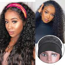 Jerry Curly Headband Human Hair Wigs 250% Density Water Wave Curly None Lace Front For Women Glueless Deep Wave Machine Made Wigs 22Inch - Natural Black - View 10