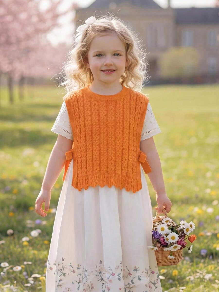 Girls' Round Neck Knitted Vest With Bow Design, Solid Color, Spring/Summer/Autumn - Orange - View 1