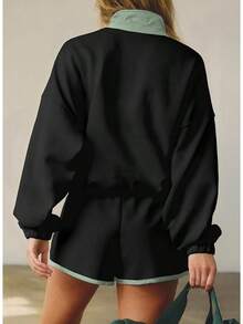 Womens Color Block Two Piece Sets Long Sleeve Oversized Sweatshirts Pullover And Shorts Set Matching Sets With Pockets, 2025 JJYR - 黑色 - 查看 2