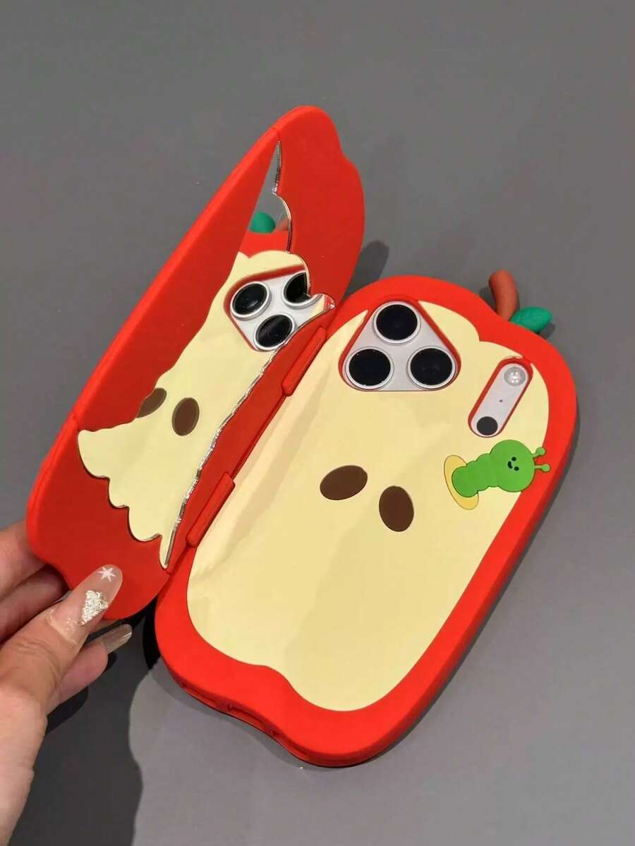 Creative Flip Cover Mirror Apple Core Insect Design Phone Case Compatible With Iphone 17 Pro Max, 16, 15 New Cute & Funny Anti-Drop Protective Cover - Đỏ - Xem 1
