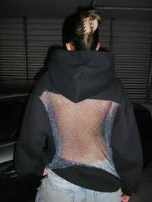 Womens Hooded Sweatshirt Long Sleeve Solid Color Casual Tops With Sparkling Mesh Panel - Black - View 2