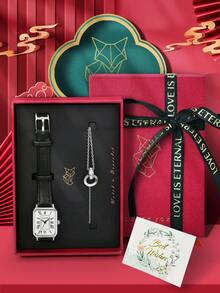 LUCKYFOX Vintage PU Leather Square Quartz Watch Set With Bracelet Gift Box For Teenage Girls - Black - View 7