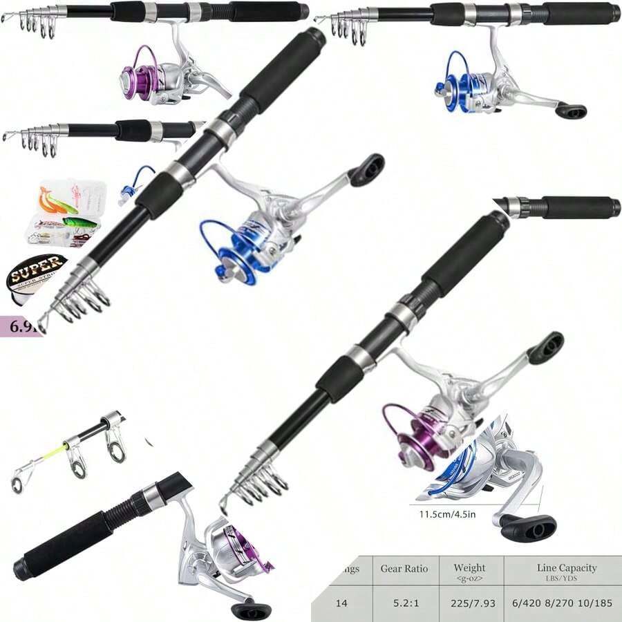 Caña de pescar combo para pescar en diferentes escenarios, con telescópicas, varillas plegables de fibra de carbono, carretes giratorios y bolsa de transporte - Combos de pesca azul y morado - Ver 1