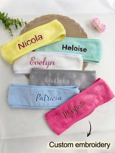 Custom Embroidered Name Flannel Headband, Hook And Loop Hair Wrap For Women And Girls, Spa Headband, Make Up Headbands, Personalized Gifts For Her