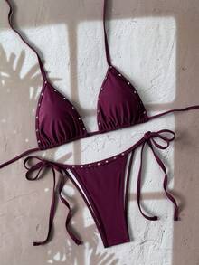 泳装两件套，几何图案，热带花卉印花，休闲可爱，优雅性感，波西米亚风，系带比基尼，沙滩度假，春夏季节，女士套装，沙滩装，女士比基尼 - 酒紅色 - 查看 3