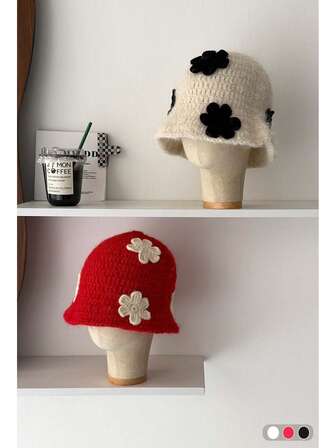 复古花朵贴花针织渔夫帽，女士款，秋冬新款，保暖百搭，小号针织帽，饰有手工钩编花朵。