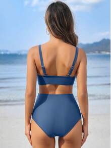 Conjunto de bikini de unicolor con pliegues para mujeres embarazadas - Azul Marino - Ver 2