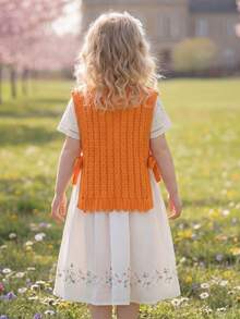 Girls' Round Neck Knitted Vest With Bow Design, Solid Color, Spring/Summer/Autumn - Orange - View 2