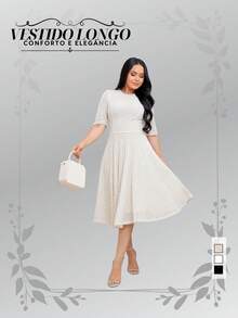 Women's Midi Dress In Knit Fabric With Lace Detail, Half Sleeves, Flared Skirt, Fitted Waist, Elegant Finish, Premium Finish. Perfect For Christmas, New Year's, And Holiday Celebrations. - 米色 - 查看 7