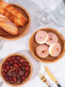 1 pieza Bandeja de cesta de frutas redonda de ratán tejida a mano, bandeja de servir de frutas y aperitivos de estilo japonés, cesta de almacenamiento de ratán, bandeja con asa de madera, plato para pan, frutas, pasteles y alimentos, bandeja para el hogar - Marrón - Ver 8