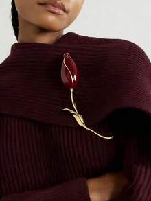 1pc Vintage Elegant Minimalist Asymmetrical Flower Brooch, Glossy Red & Gold Metal Women's Large Brooch, Fashionable Waist Decoration For Dress, Coat - Multicolor - View 1