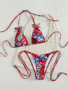 Bộ bikini 2 mảnh in họa tiết nơ cổ yếm gợi cảm và ngọt ngào dành cho nữ, thích hợp cho kỳ nghỉ xuân/hè ở bãi biển. - Nhiều màu - Xem 8