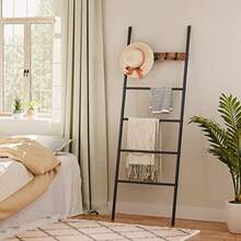 Towel Rack Blanket Ladder Leaning Ladder Rack Bathroom Towel Rack With 5 Crossbars And 5 Hooks Strong Storage Function Metal Frame Stable Industrial Rustic Brown And Black EBF60CJ01 - RusticBrownBlack - View 3