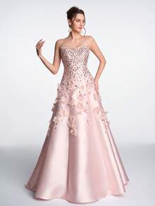 Romantic Luxury Elegant Light Pink Handmade Applique 3D Floral Beaded Sequin Halter Tie Formal Dress, Suitable For Formal Occasions And Wedding Events Such As Homecoming Party, Graduation Dance, Bridesmaid, High-End Gala, Engagement Party - Pink - View 5
