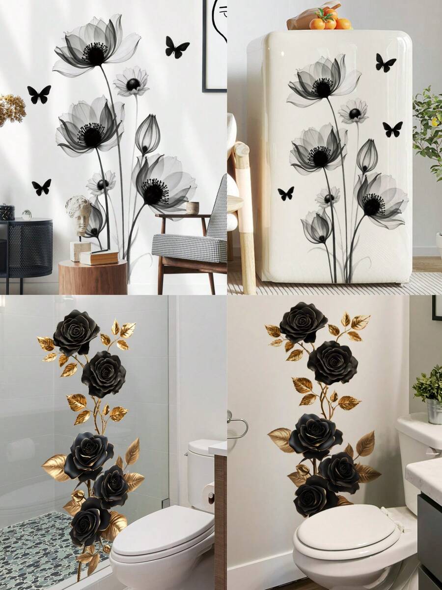 1pc Black Rose Lotus Flower Wall Stickers Removable Simplicity Floral Golden Leaf Art Wall Decals Peel And Stick Murals Wall Decals For Bathroom Living Room Bedroom Door Aisle Sofa TV Backdrop Kitchen Cabinet Wall Home Decor - Multicolor - View 1