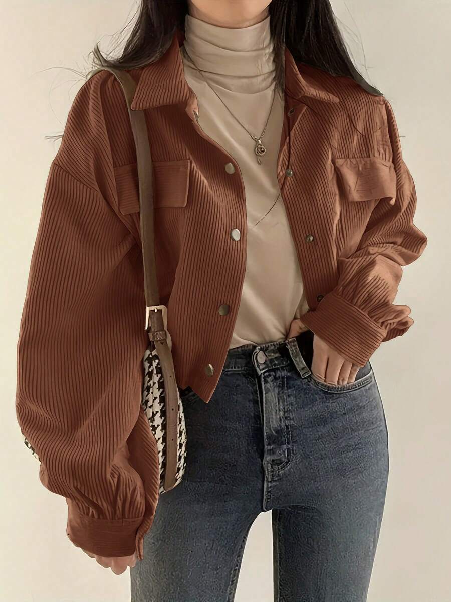 Women's Brown Short Jacket, Vintage Casual Utility Style Top, Drawstring Adjustable Hem, Suitable For Spring & Autumn - Brown - View 1