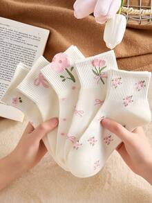 2/5 Đôi tất nữ màu trắng và hồng dễ thương với họa tiết nơ và hoa, thoáng khí, thấm hút mồ hôi, thoải mái, dài đến bắp chân, thích hợp cho mặc hàng ngày và đi chơi, giao hàng ngẫu nhiên, mùa thu - Nhiều màu - Xem 9