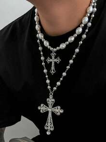 一套三件简约时尚金属链珍珠叠戴项链，男士颈链 - 銀色 - 查看 2