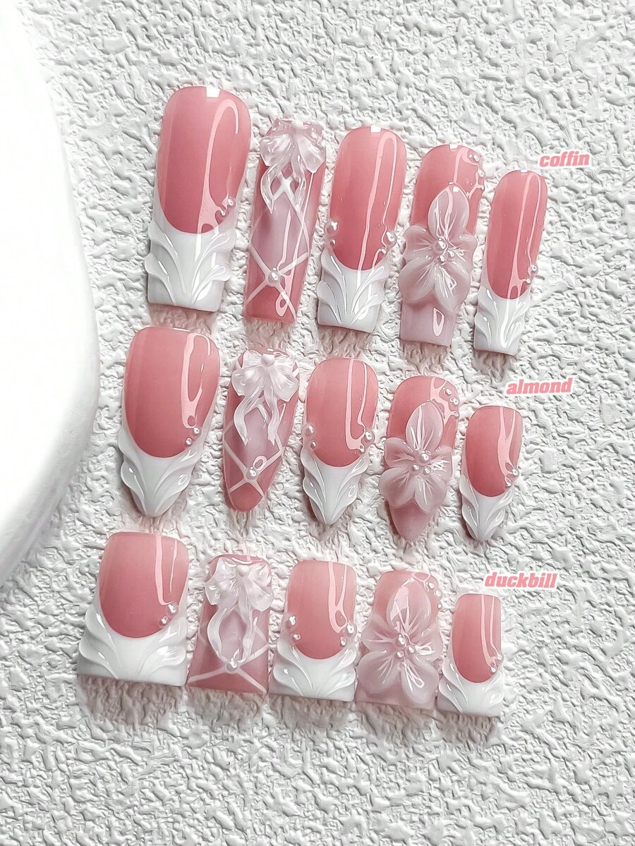 10件套浪漫婚礼美甲套装，白色压花美甲贴纸，白色迷你仿珍珠装饰，芭蕾舞风格浅粉色蝴蝶结美甲配件，纯色美甲贴纸，三种尺寸：杏仁形、方形、椭圆形，适合派对、婚礼、约会、日常佩戴，包含工具包（1张果冻贴纸+1个指甲锉），送给女性和女孩的绝佳礼物，手工美甲贴片 - 彩色 - 查看 1