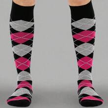 Mysocks Unisex Knee High Long Socks Argyle,4-7,BlackAshFuchsia - 黑灰紫紅色 - 查看 7