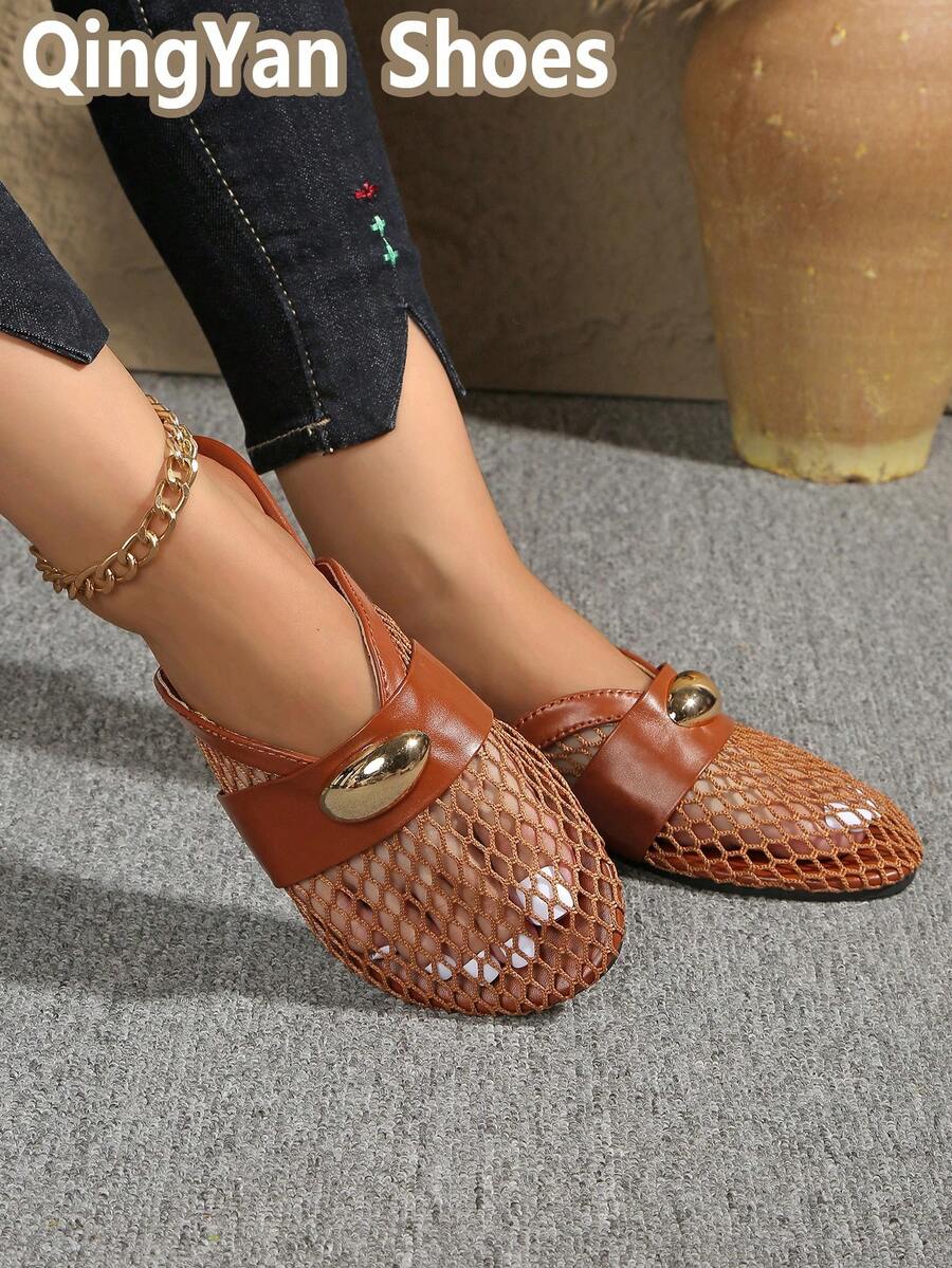 European & American Style Women's New Hollow Breathable Mesh Slip-On Half-Slipper, Lightweight Wear-Resistant Rubber Sole, Fashionable Versatile Home & Outdoor Wear, New Commute Summer Promotion Hot-Selling Style