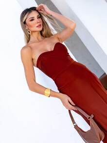 Strapless Maxi Dress With Slit, Trilobal Knit - Chocolate Brown - View 7