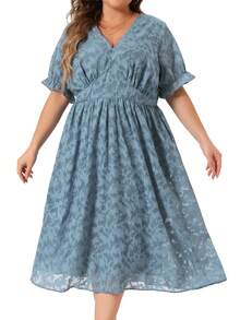 Plus Size Summer Casual Dress For Women Casual V Neck Bubble Short Sleeve Semi Sheer Swing Flowy Summer Dresses - Xám xanh - Xem 1