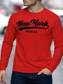 Hombre Verano o Invierno  playera manga larga cuello redondo con estampado "New York Brooklyn", estilo urbano casual, color blanco, ajuste regular, tejido suave de algodón, diseño moderno y versátil ideal para un look relajado con inspiración neoyorquina. - rojo - Ver 1