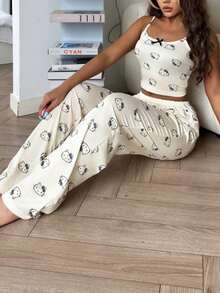 Sanrio [WONDER WORLD]2pcs Hello Kitty Women Camisole Printed Crop Top + Elastic Waist Straight Leg Pants Pajama Set - Yellow - View 7