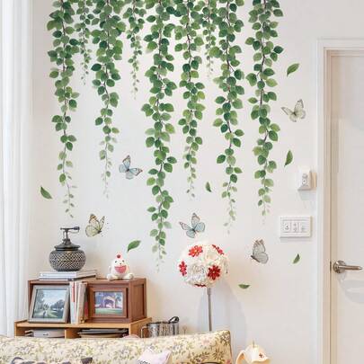 2片绿色植物藤蔓蜻蜓墙贴，适用于客厅、玄关、卧室装饰，自粘可移除PVC墙贴