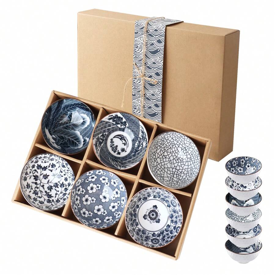 Ceramic Rice Bowls Set Of 6, 4.5" Japanese Style Bowls Blue And White Cereal Bowls For Soup Dessert Snack Fruit Salsa Ice Cream - Nhiều màu - Xem 1