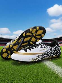 All-Season Football/Soccer Shoes, For Teenagers, Campus Students, Sports, Football Training, Football Match, Long Studs Anti-Slip (Asymmetrical Camouflage Pattern On Shoe Upper, Asymmetrical Tongue) - White - View 12