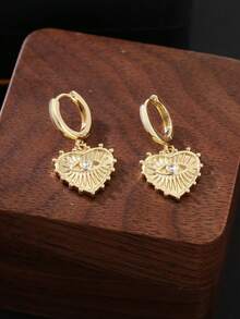 一对时尚铜质微镶心形吊坠耳环，甜美心形女士耳环，情人节/约会之夜礼物 - 金黃色 - 查看 5