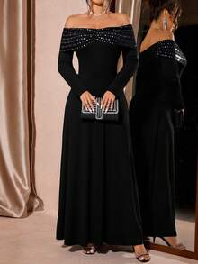 Women's Elegant Sequin Splice Off Shoulder Long Sleeve Maxi Dress, Suitable For Valentine's Day, Party, Date, Commute, Daily Wear - Black - View 6