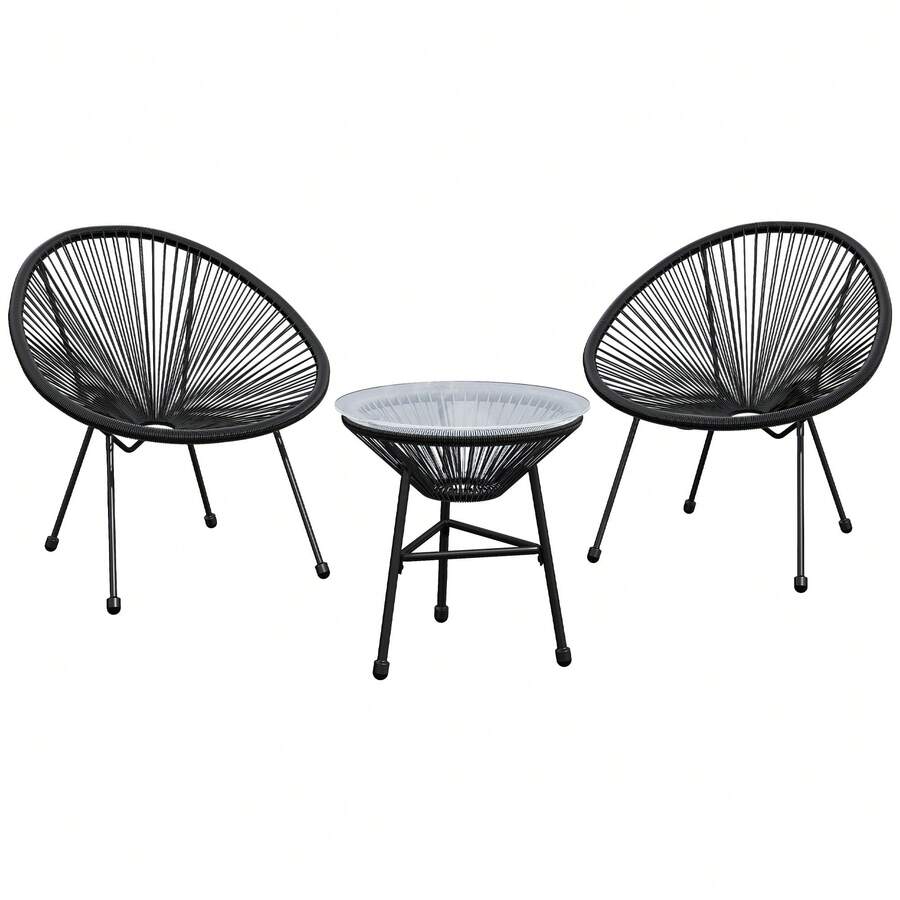 3-Piece Outdoor Acapulco All-Weather Patio Conversation Bistro Set, Outdoor Woven Rope Chairs And Glass Top Table, 3 Piece Patio Bistro Set For Yard Balcony Poolside - Black - View 1