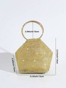 Sac à main décoré de strass, pochette de soirée de forme unique, sac à main élégant avec poignée ronde, sac pour femme de style européen et américain à la mode - Doré - Voir 11