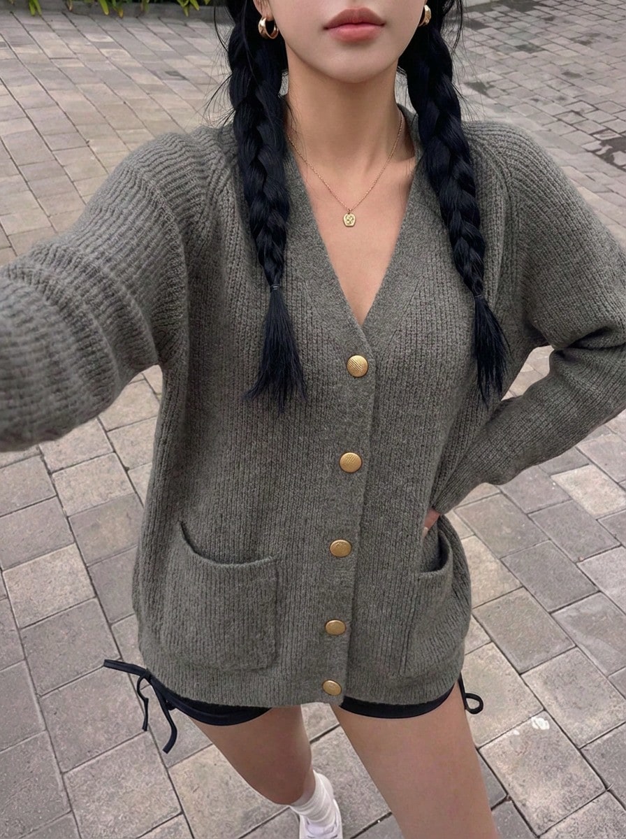 Rikumo Women's Slim Vertical Striped Textured Minimalist Knit Cardigan, Autumn/Winter - Dark Gray - View 1