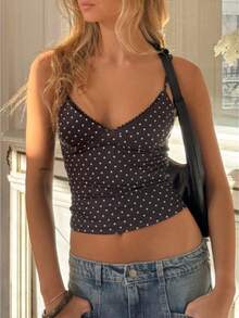 Women's Polka Dot Spaghetti Strap Tank Tops Y2k Lace Trim Corset Camisole V Neck Fitted Cami Tops Cute Crop Tops For Summer Going Out Tops Casual Streetwear - 黑色 - 查看 1