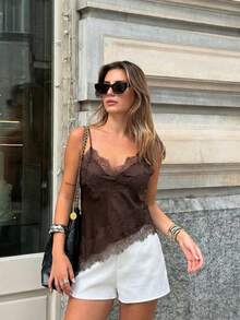 MUMRAP Women's Solid Color Contrast Lace Asymmetric Camisole, Elegant Loose Backless Sleeveless Top - 咖啡棕 - 查看 4