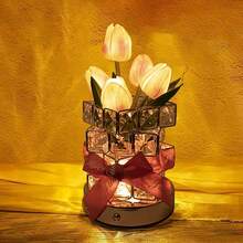 QY- Lámparas de flores de cristal de tulipán recargable por USB luz artificial inalámbrica 3 colores regulables y brillo ajustable decoración de dormitorio sala de estar día de San Valentín regalo -2195 - Tulipán Rosa - Ver 1