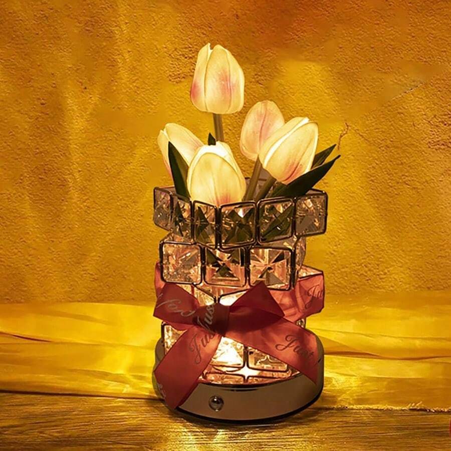 QY- Lámparas de flores de cristal de tulipán recargable por USB luz artificial inalámbrica 3 colores regulables y brillo ajustable decoración de dormitorio sala de estar día de San Valentín regalo -2195 - Tulipán Rosa - Ver 1